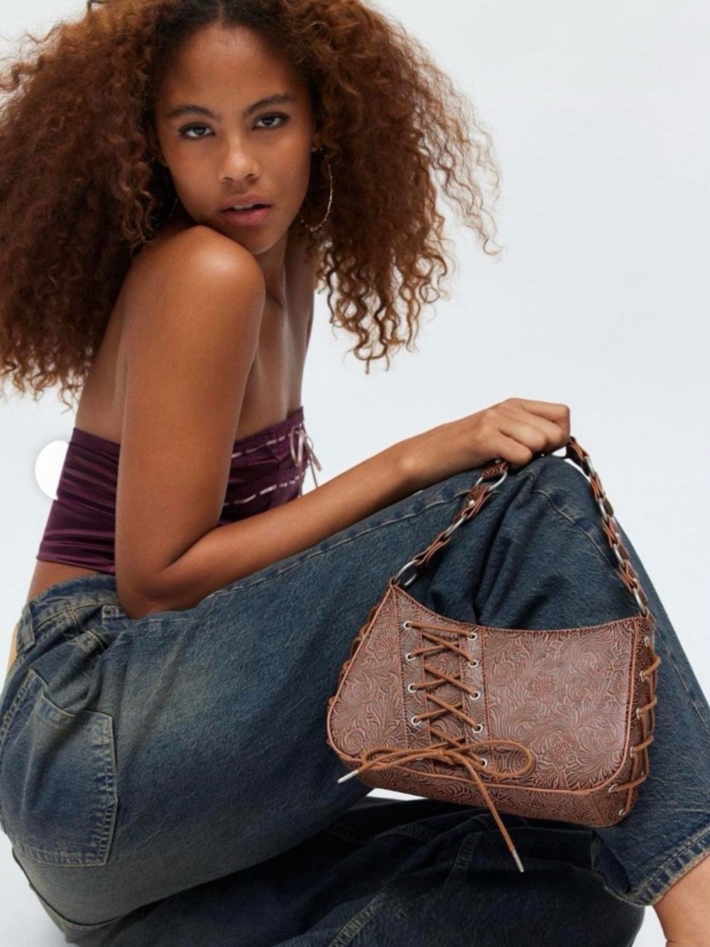 NWOT 🆕 Silence + Noise Kez Boho Stamped Laced Shoulder Bag in Brown